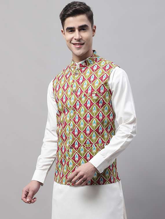 printed sleeveless nehru jacket - 19454007 -  Standard Image - 1
