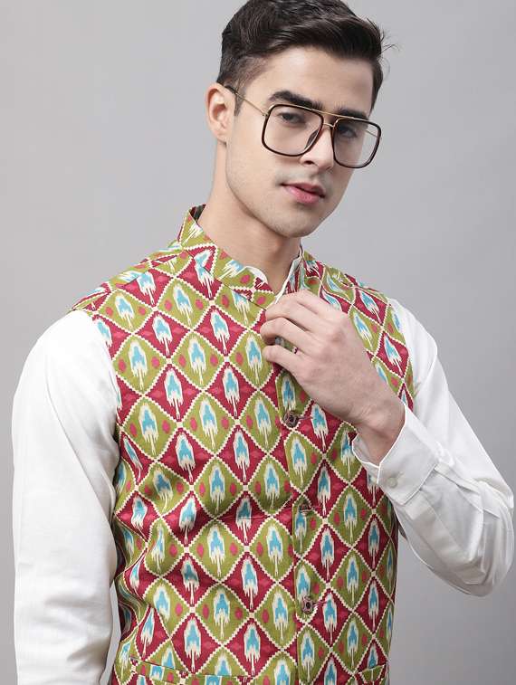 printed sleeveless nehru jacket - 19454007 -  Standard Image - 4