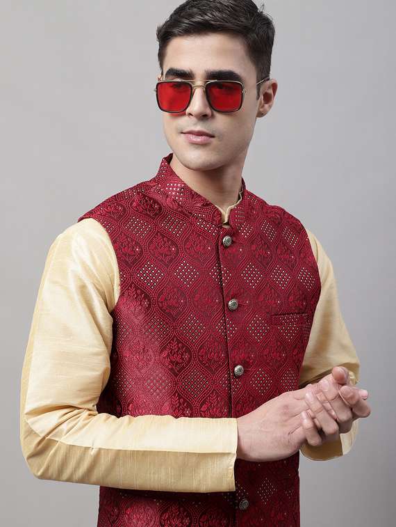 red self design nehru jacket - 19454009 -  Standard Image - 4