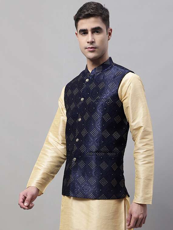 navy blue self design nehru jacket - 19454010 -  Standard Image - 1