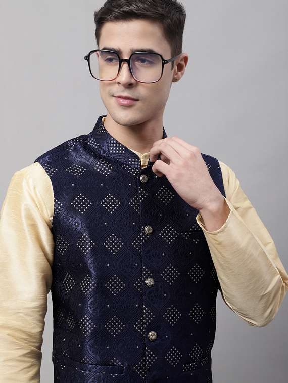 navy blue self design nehru jacket - 19454010 -  Standard Image - 4