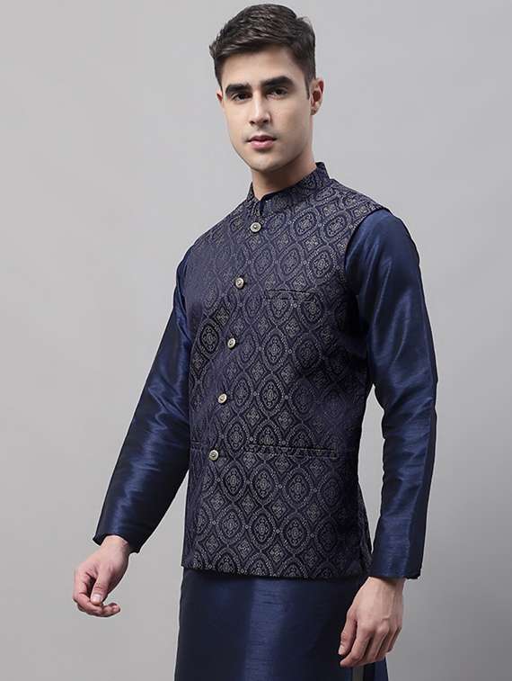 blue self design nehru jacket - 19454014 -  Standard Image - 1
