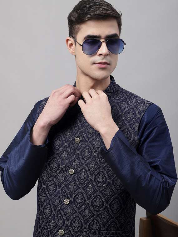 blue self design nehru jacket - 19454014 -  Standard Image - 4