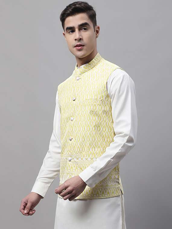 yellow self design nehru jacket - 19454022 - Standard Image - 1
