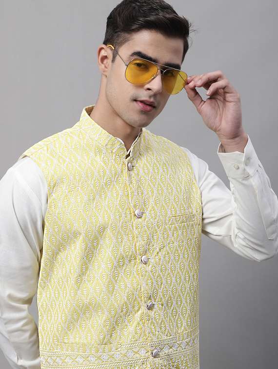 yellow self design nehru jacket - 19454022 - Standard Image - 4