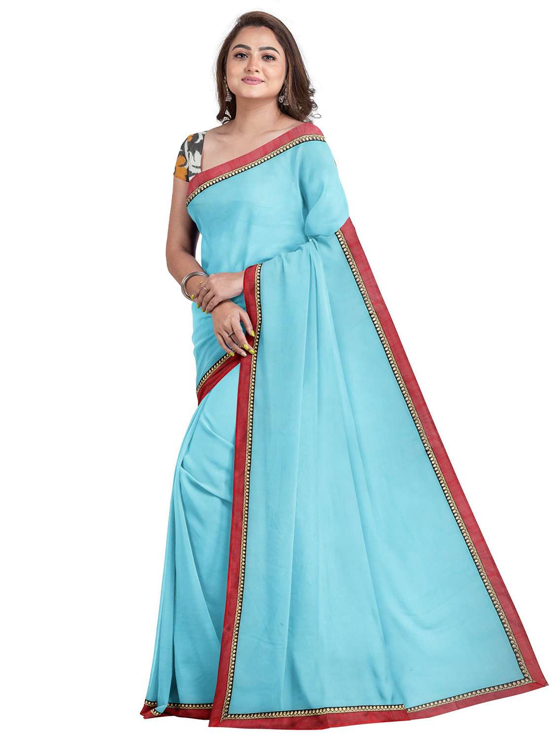 women's bordered royal blue colored saree with blouse - 19459963 -  Standard Image - 1