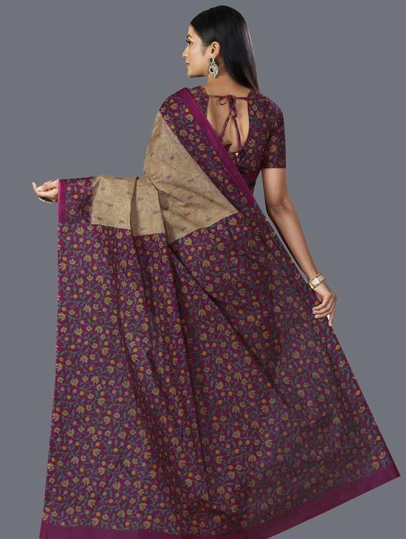 brown cotton printed saree with blouse - 19462196 - Standard Image - 1