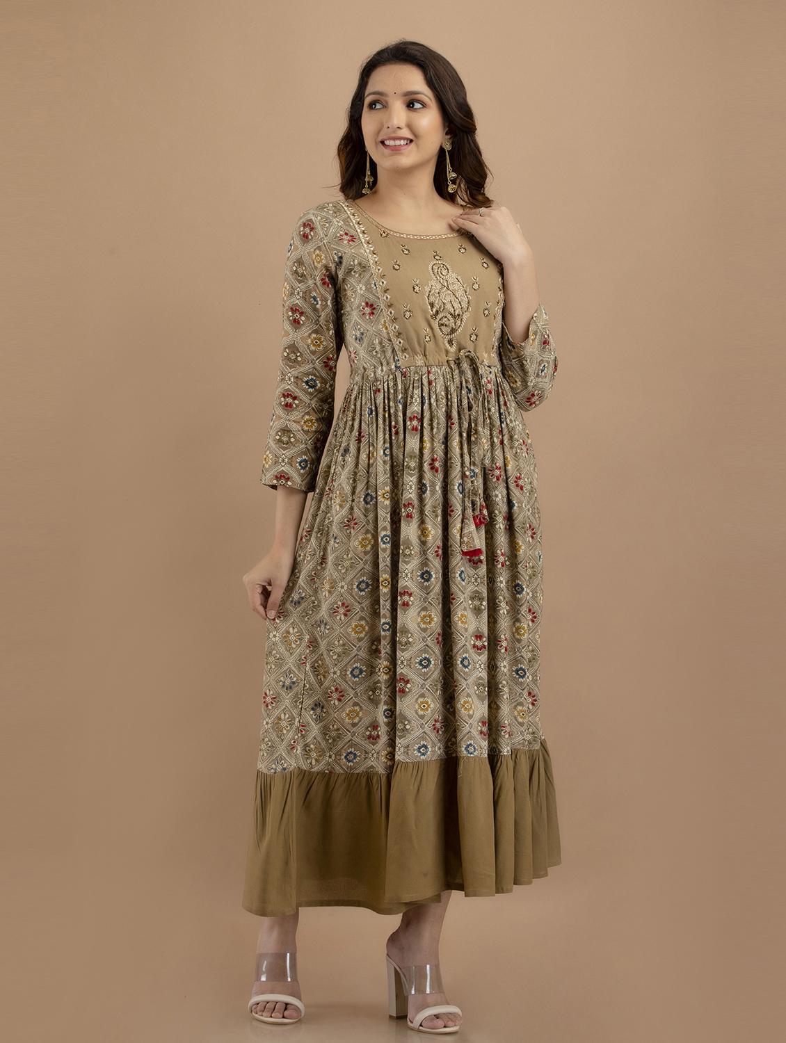 beige printed flared kurta - 19471389 -  Standard Image - 1