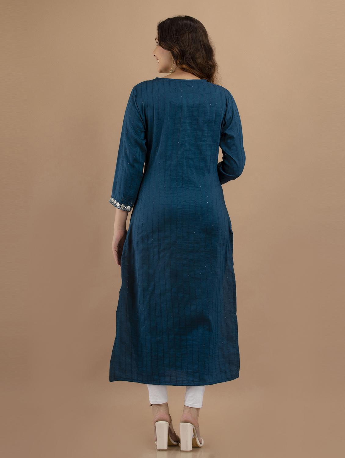 blue cotton straight kurta - 19471444 - Standard Image - 4