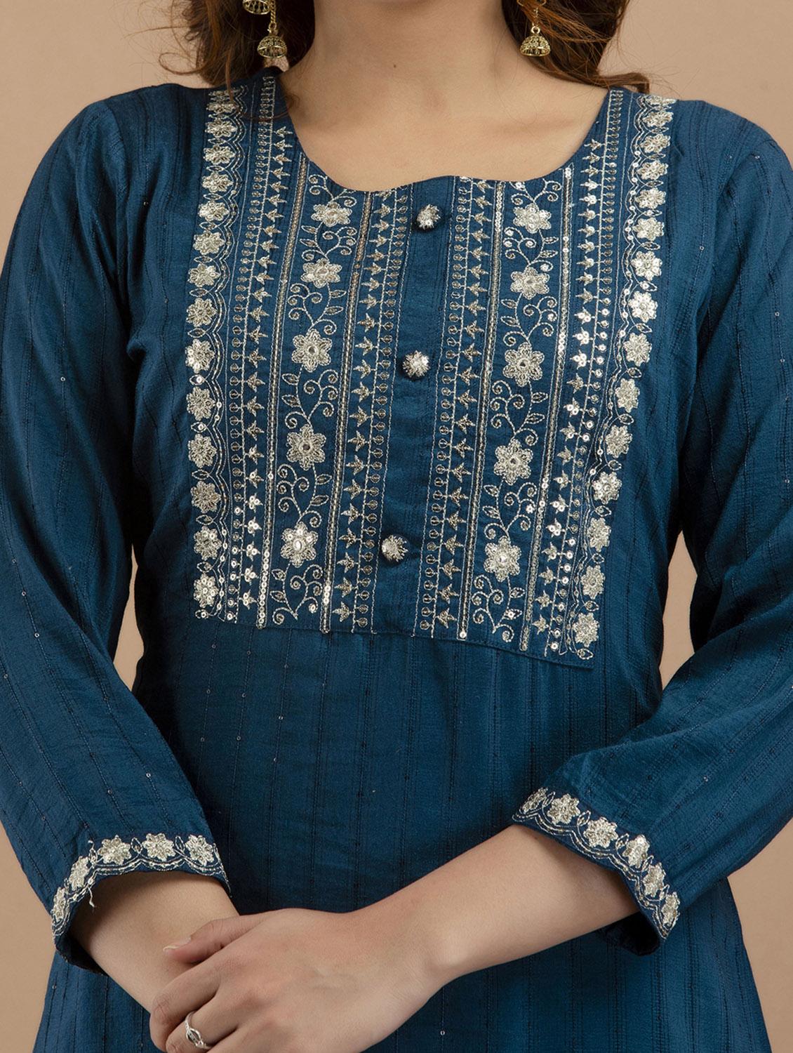 blue cotton straight kurta - 19471444 - Standard Image - 6