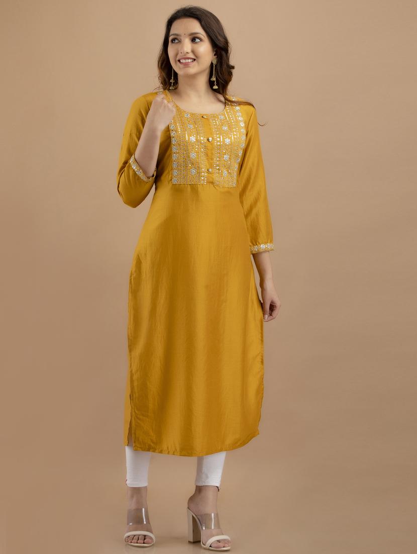 yellow round neck straight kurta - 19471446 - Standard Image - 1