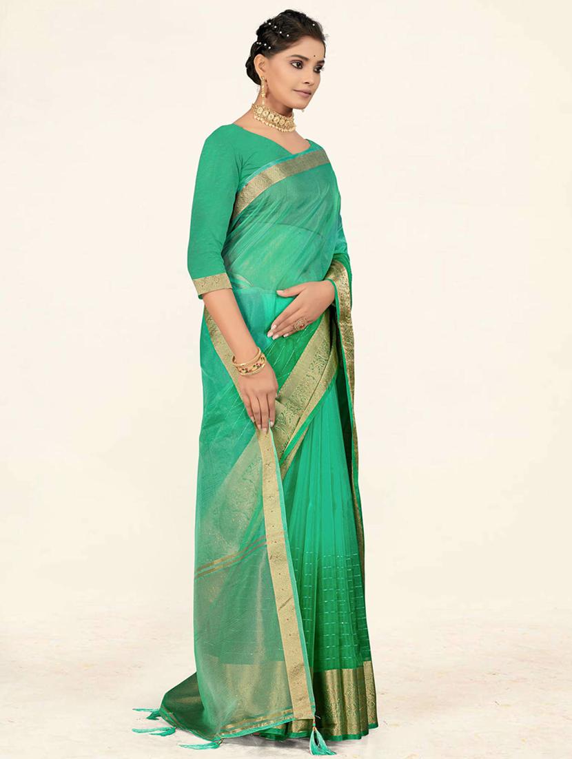 light green woven gold bordered saree with blouse - 19471861 - Standard Image - 1