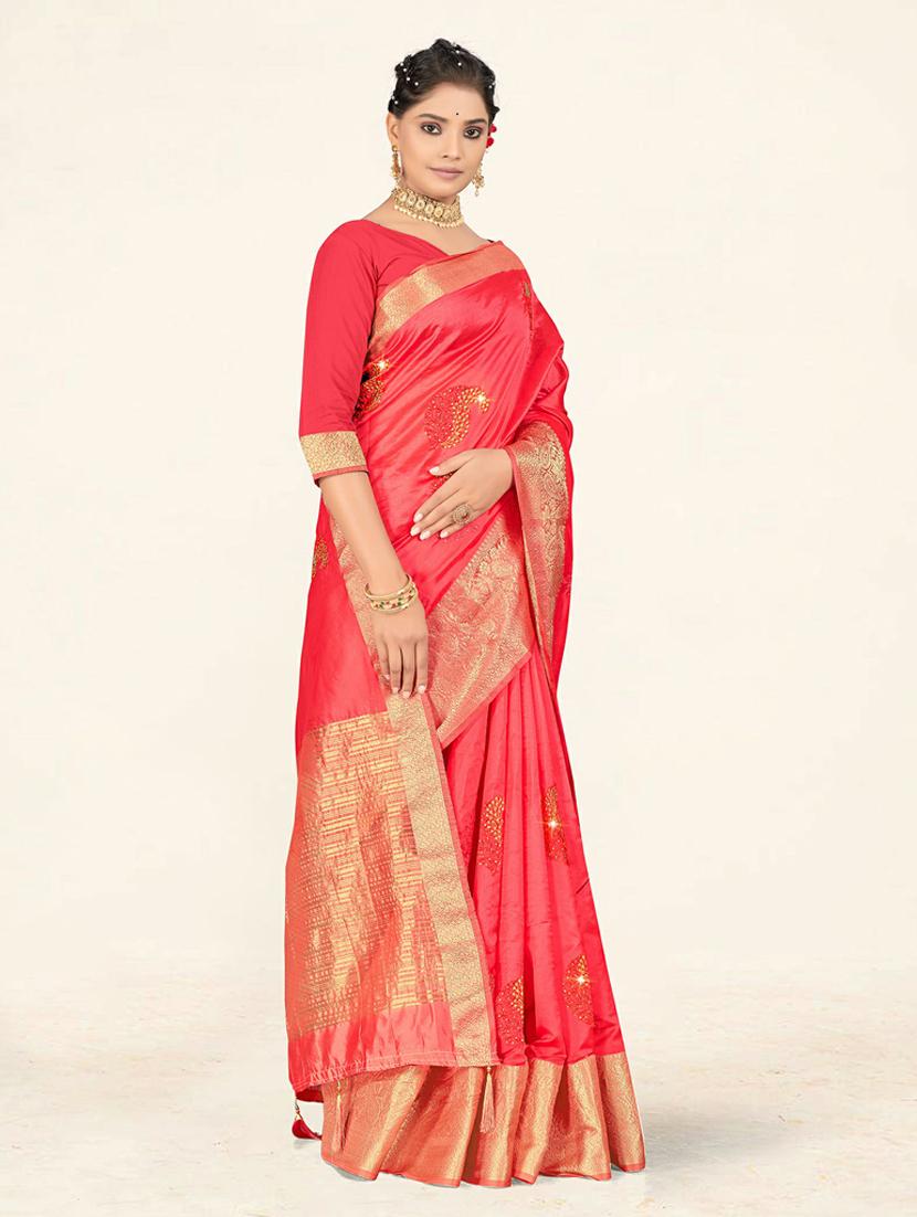 pink embellished gold bordered saree with blouse - 19471872 - Standard Image - 1