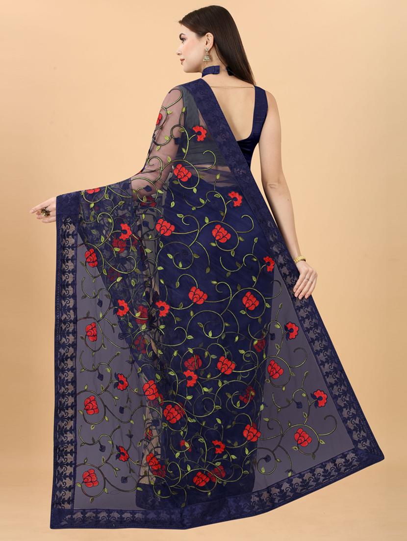 blue soft net floral embroidered saree - 19471996 - Standard Image - 1