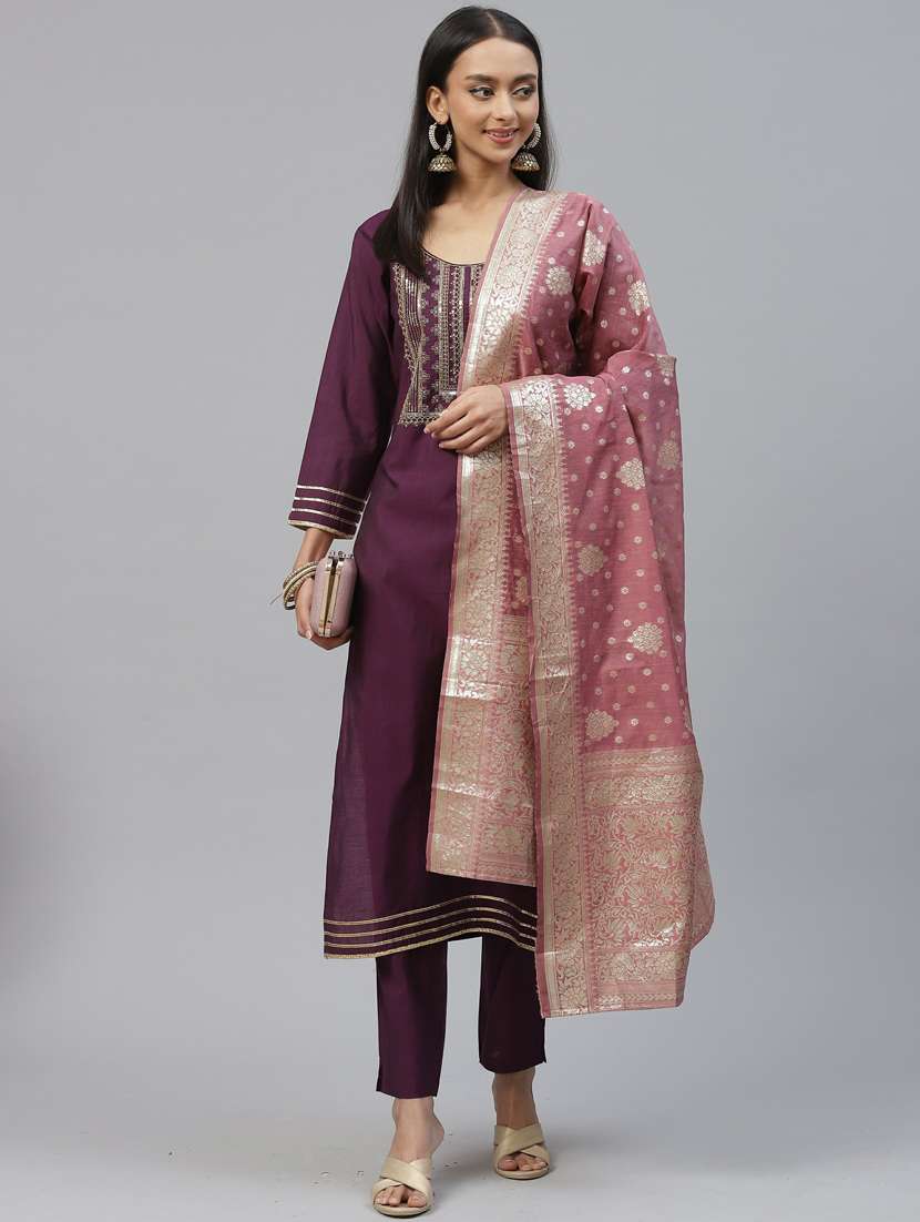 purple self design kurta, pant & dupatta set