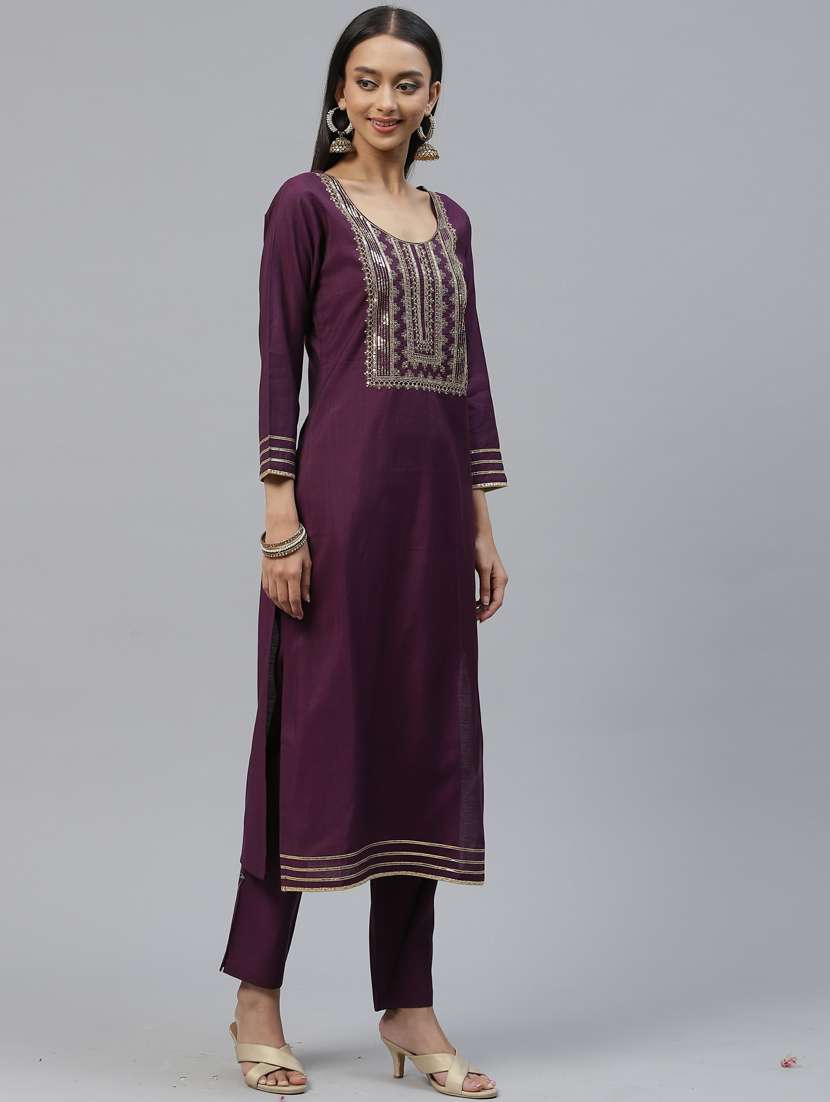 purple self design kurta, pant & dupatta set - 19473211 -  Standard Image - 1
