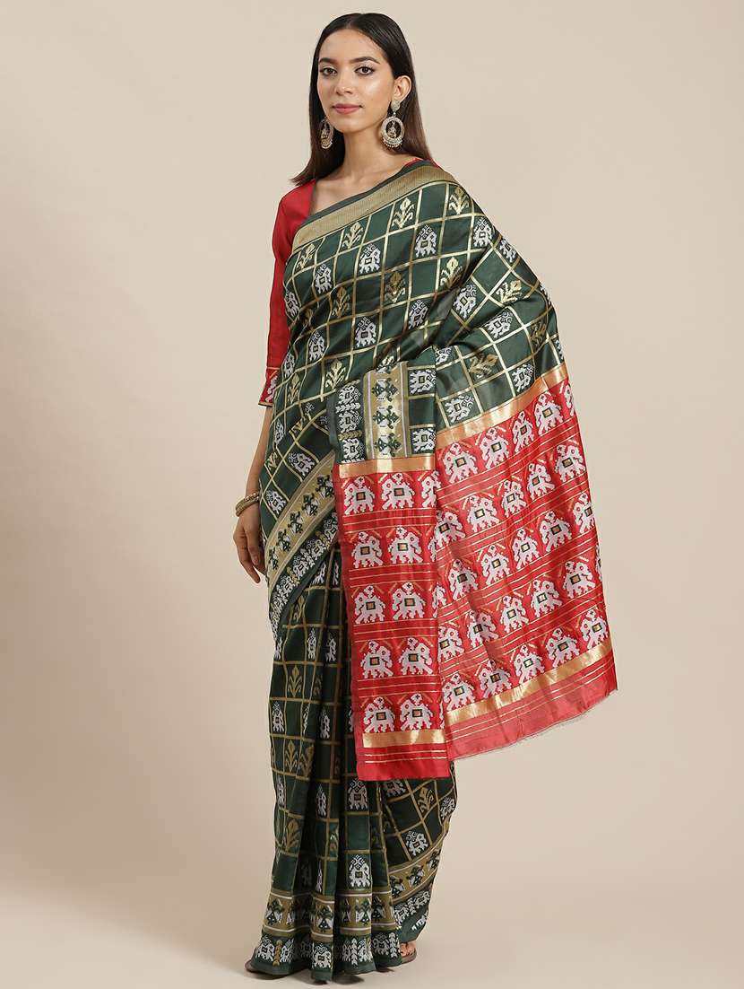 women's self design dark green colored saree with blouse