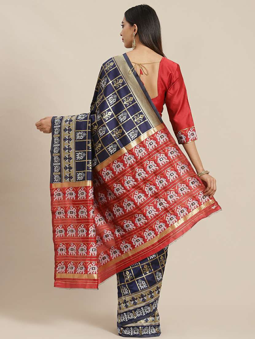 women's checks navy blue colored saree with blouse - 19473218 -  Standard Image - 1
