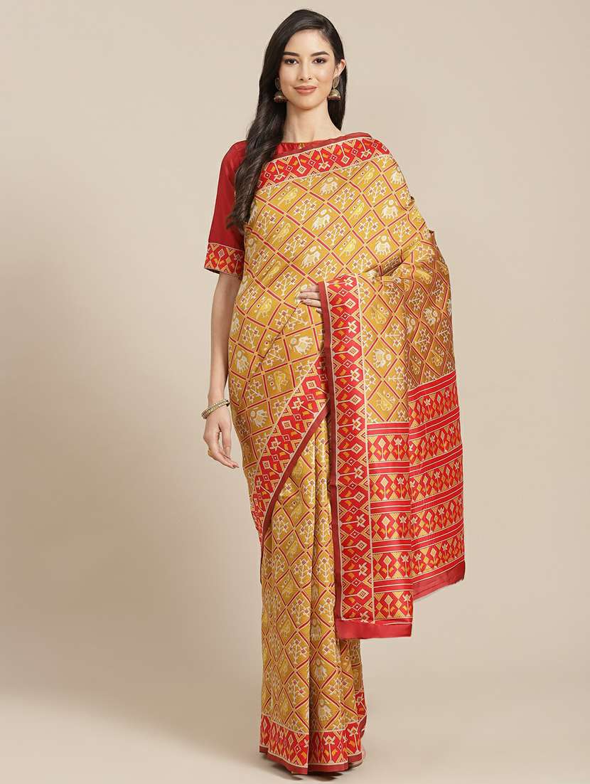 women's self design mustard colored saree with blouse