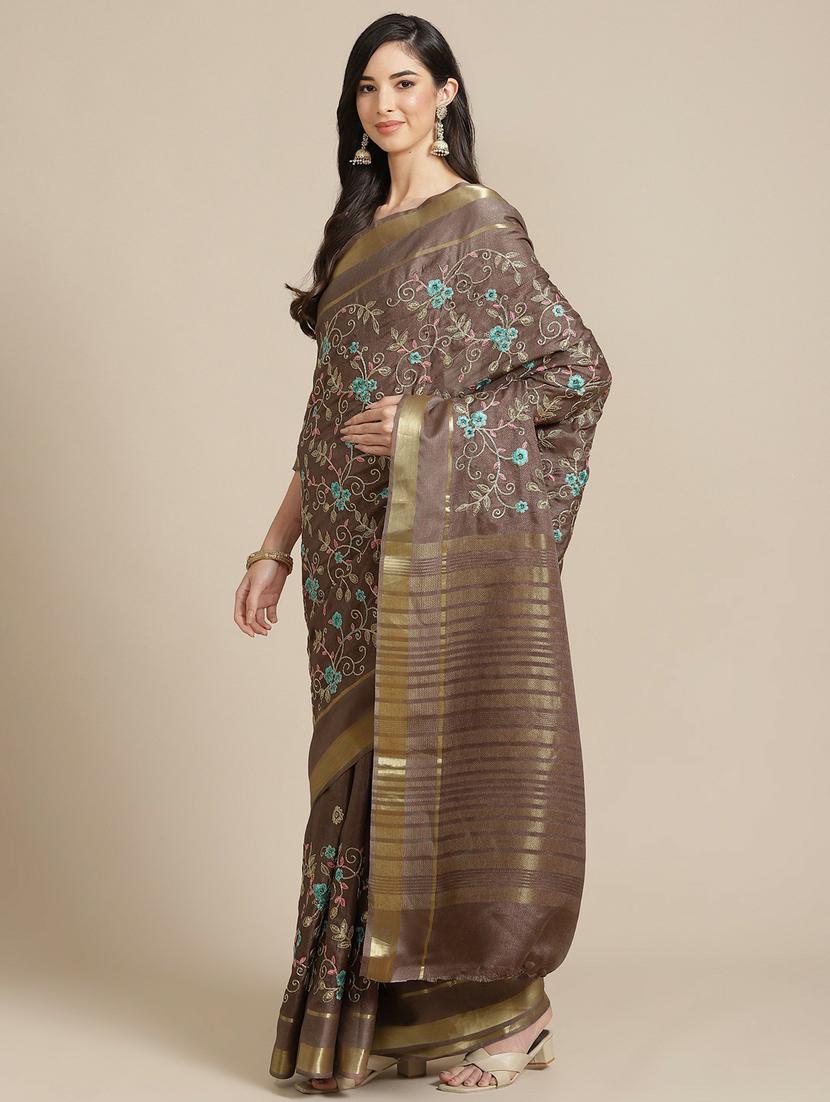 women's self design brown colored saree with blouse - 19473235 -  Zoom Image - 0