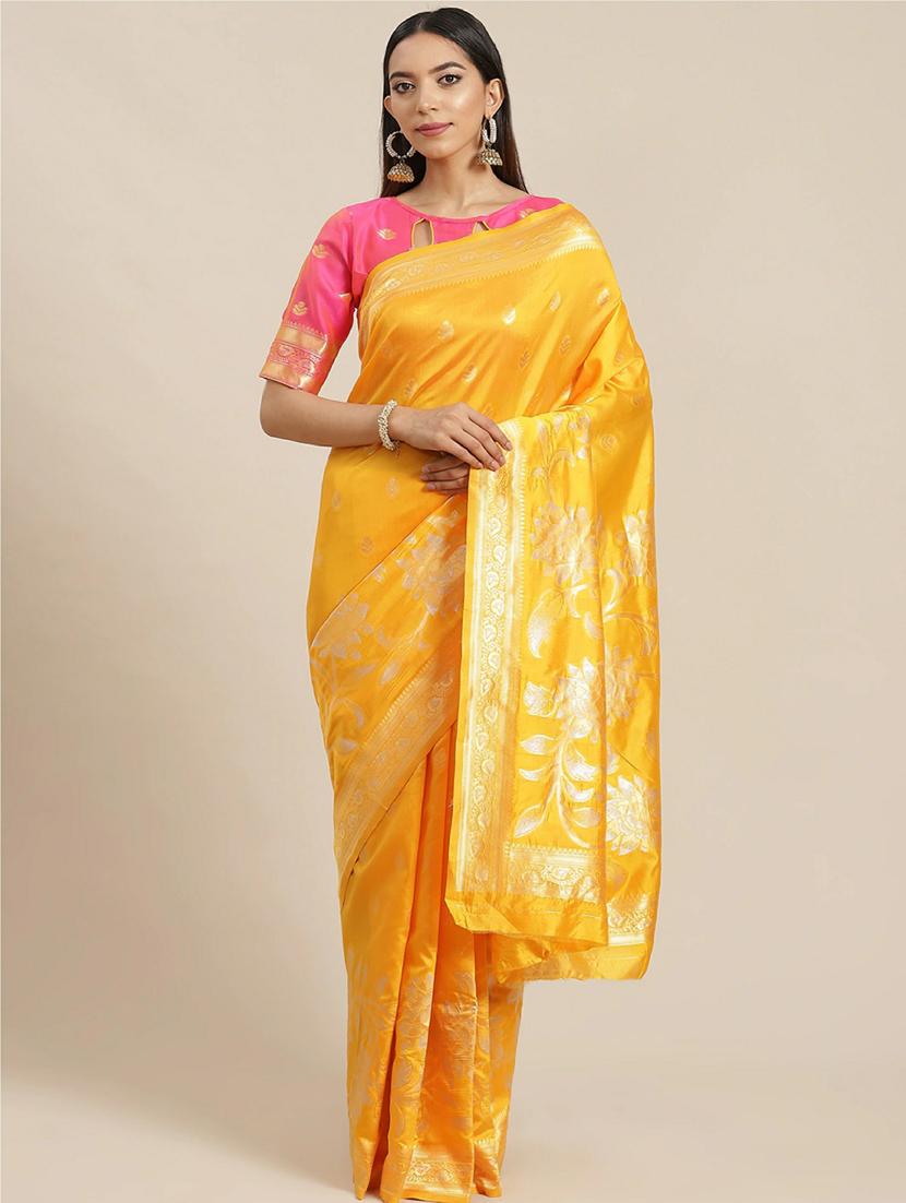 yellow self design saree with blouse - 19473252 -  Zoom Image - 0