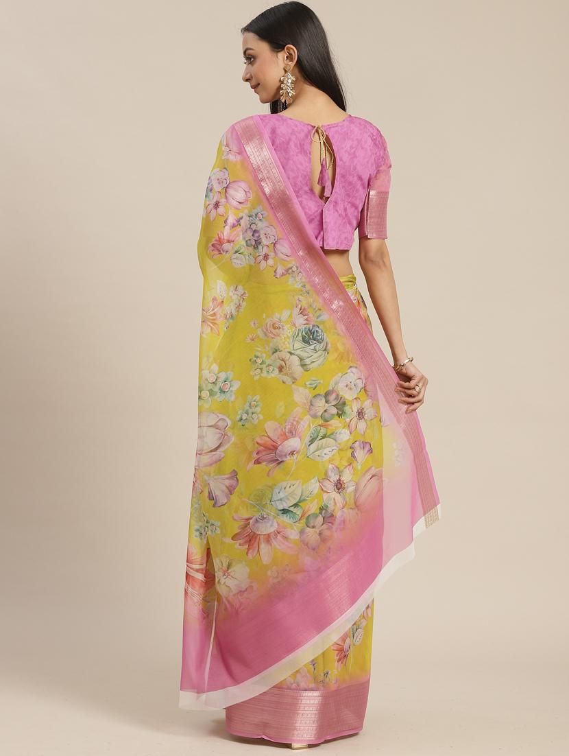 yellow printed saree with blouse - 19473324 - Standard Image - 1