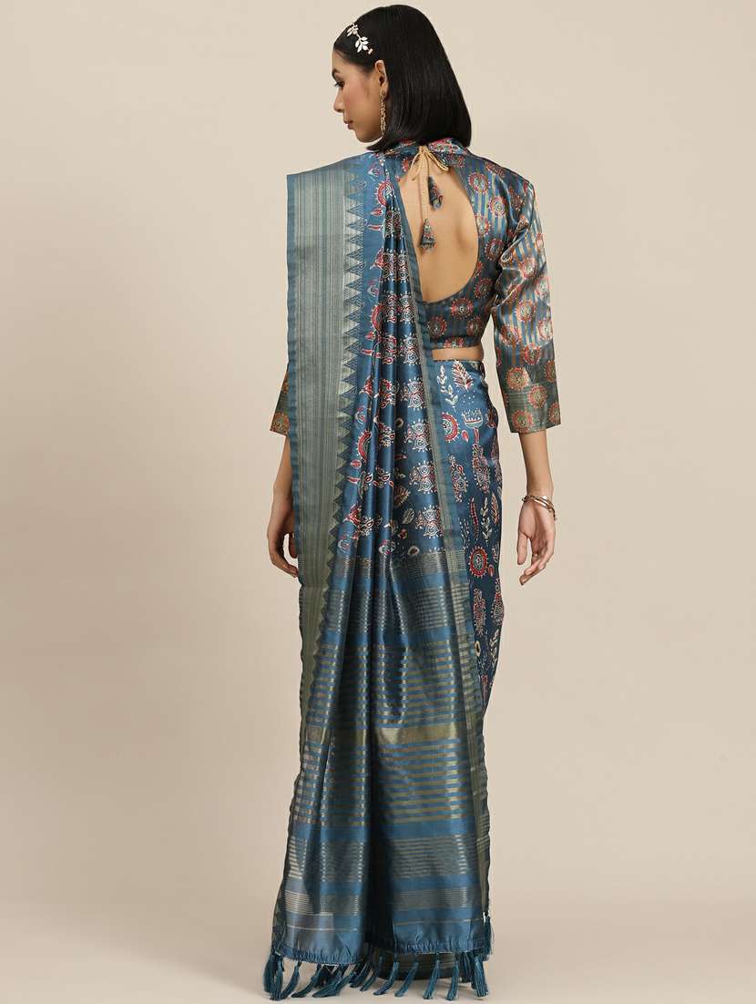 blue cotton printed saree with blouse - 19473349 -  Standard Image - 1