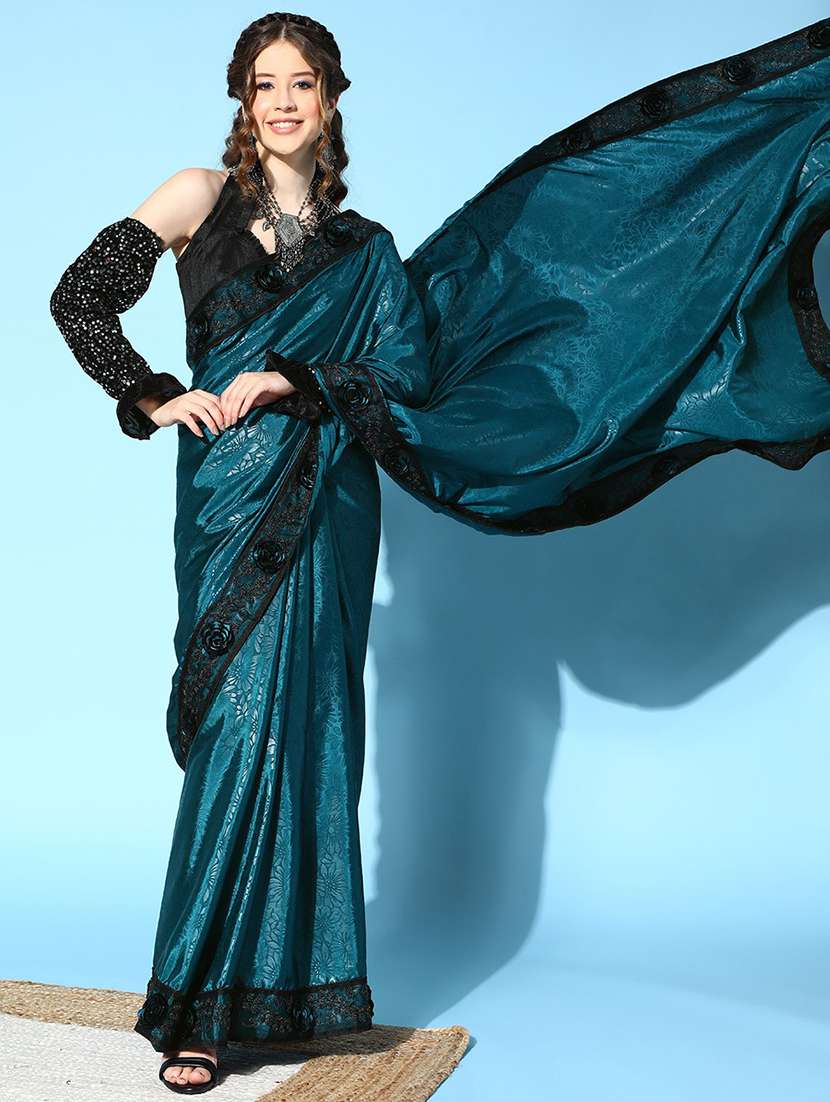 blue cotton blend printed saree with blouse - 19473392 -  Standard Image - 1