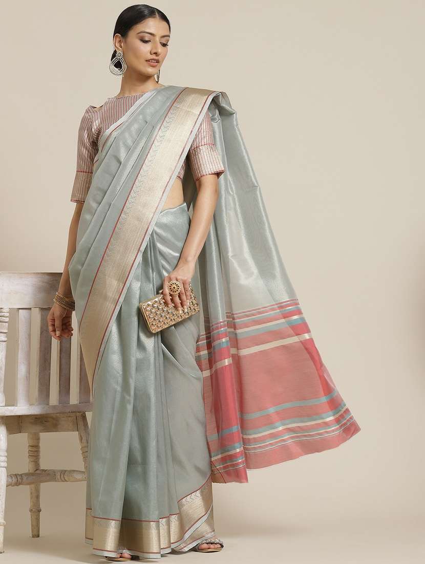 women's self design silver colored saree with blouse