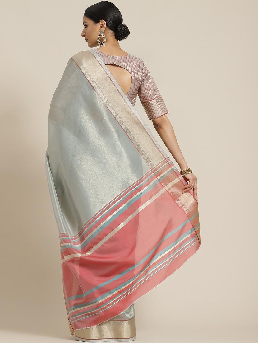 women's self design silver colored saree with blouse - 19473480 - Standard Image - 1