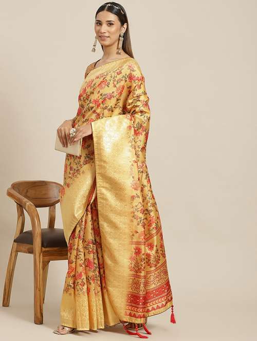 women's floral yellow colored saree with blouse - 19473504 -  Standard Image - 0