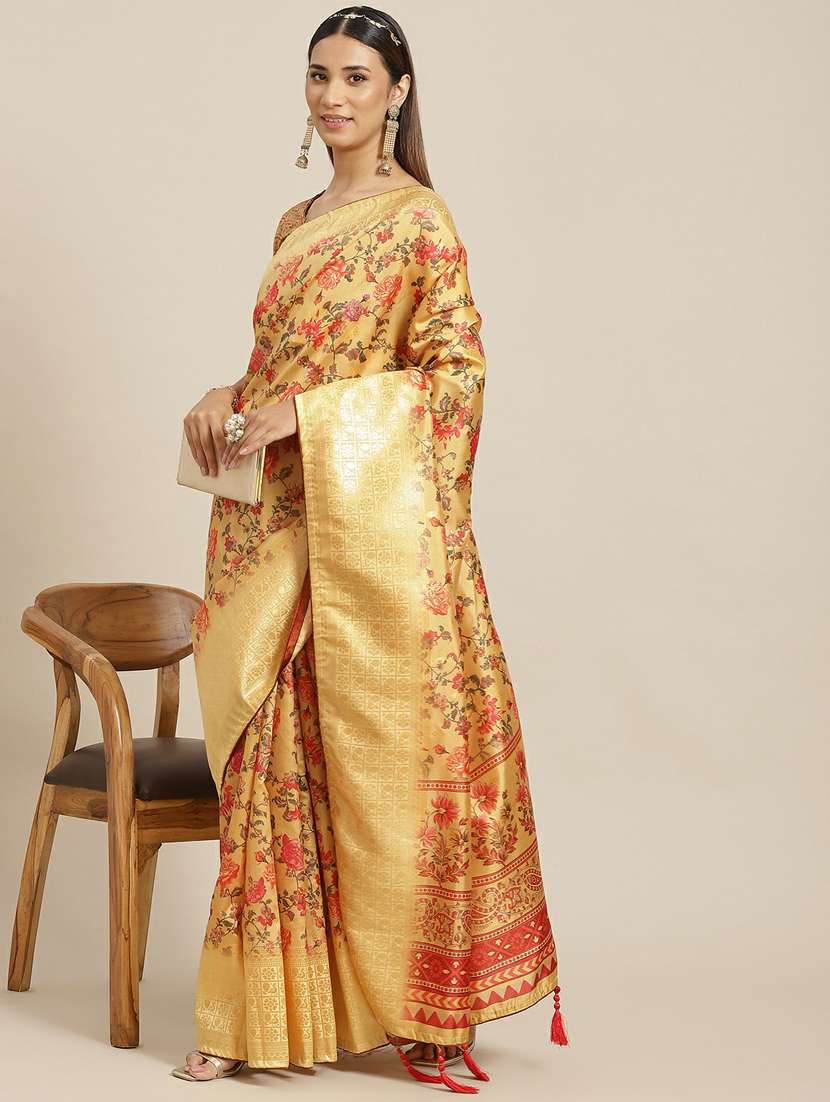 women's floral yellow colored saree with blouse