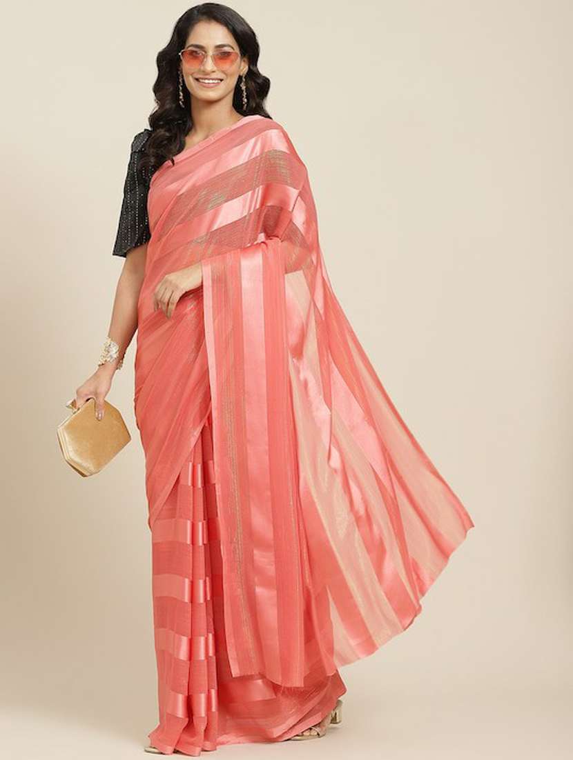 women striped pink saree with blouse