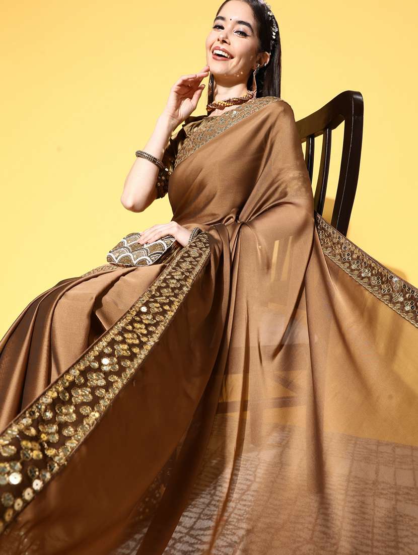 beige solid with sequins border saree with blouse - 19473517 -  Standard Image - 1