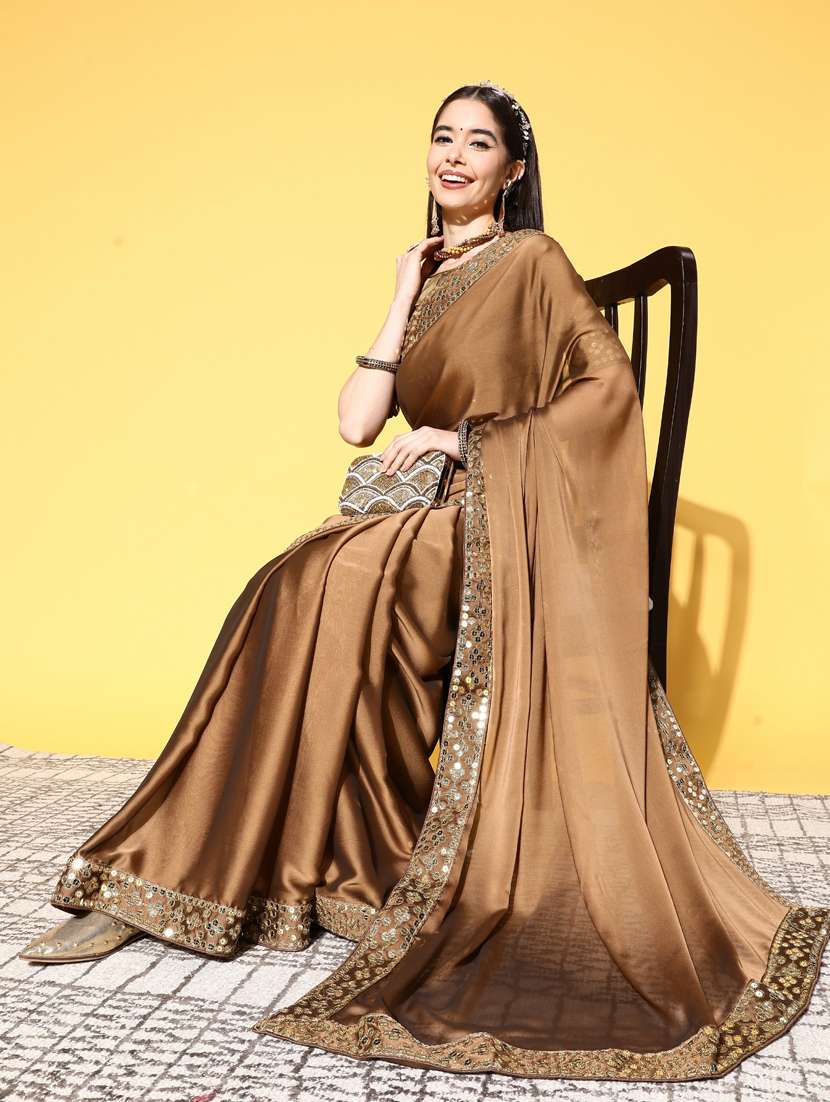 beige solid with sequins border saree with blouse - 19473517 -  Standard Image - 4