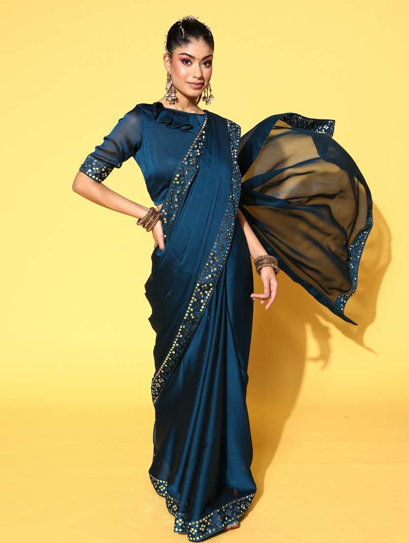 women's bordered navy blue colored saree with blouse - 19473519 -  Standard Image - 1
