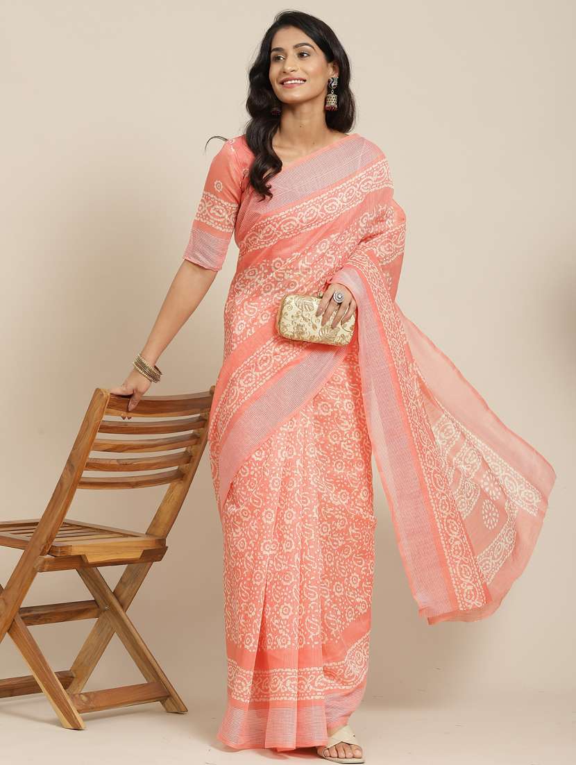 women's printed peach colored saree with blouse