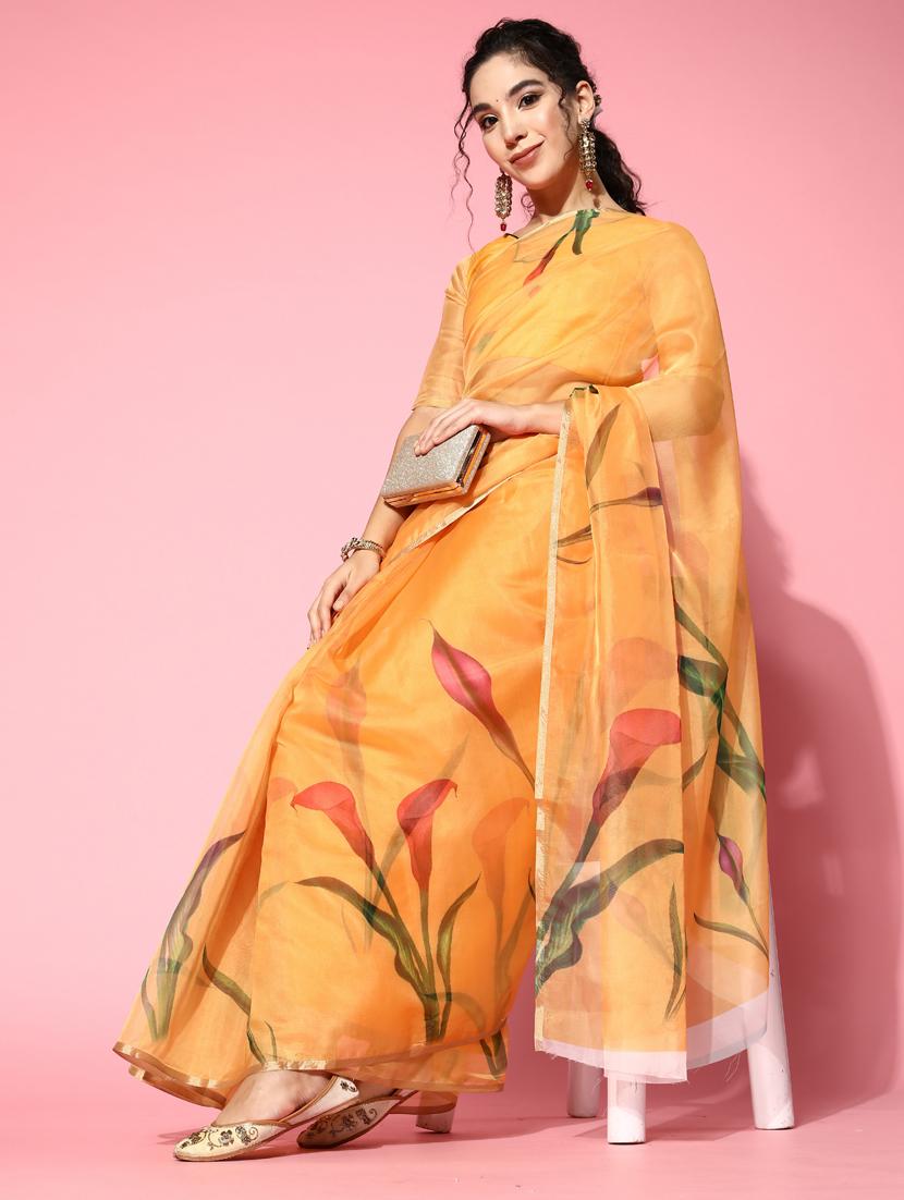 yellow printed organza saree with golden border saree - 19473535 - Standard Image - 1