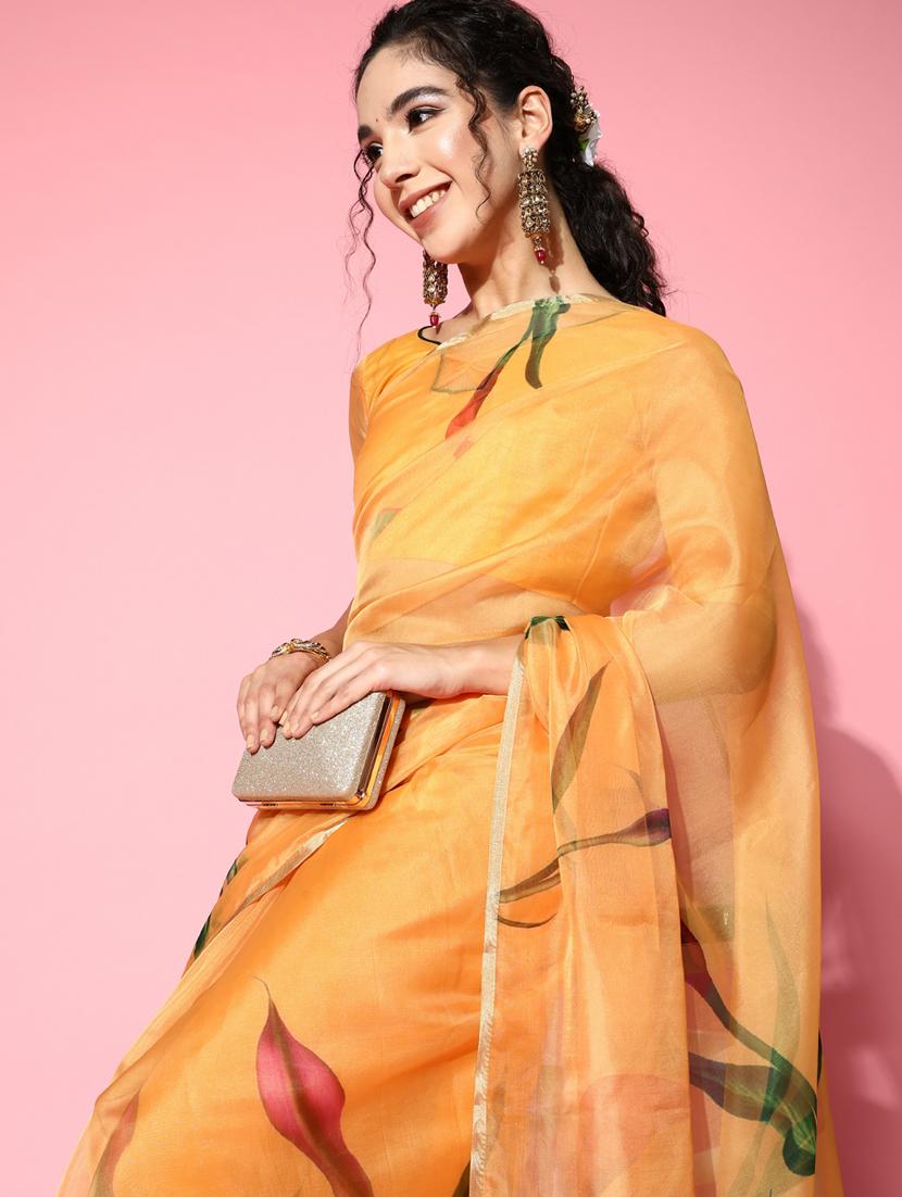 yellow printed organza saree with golden border saree - 19473535 - Standard Image - 4