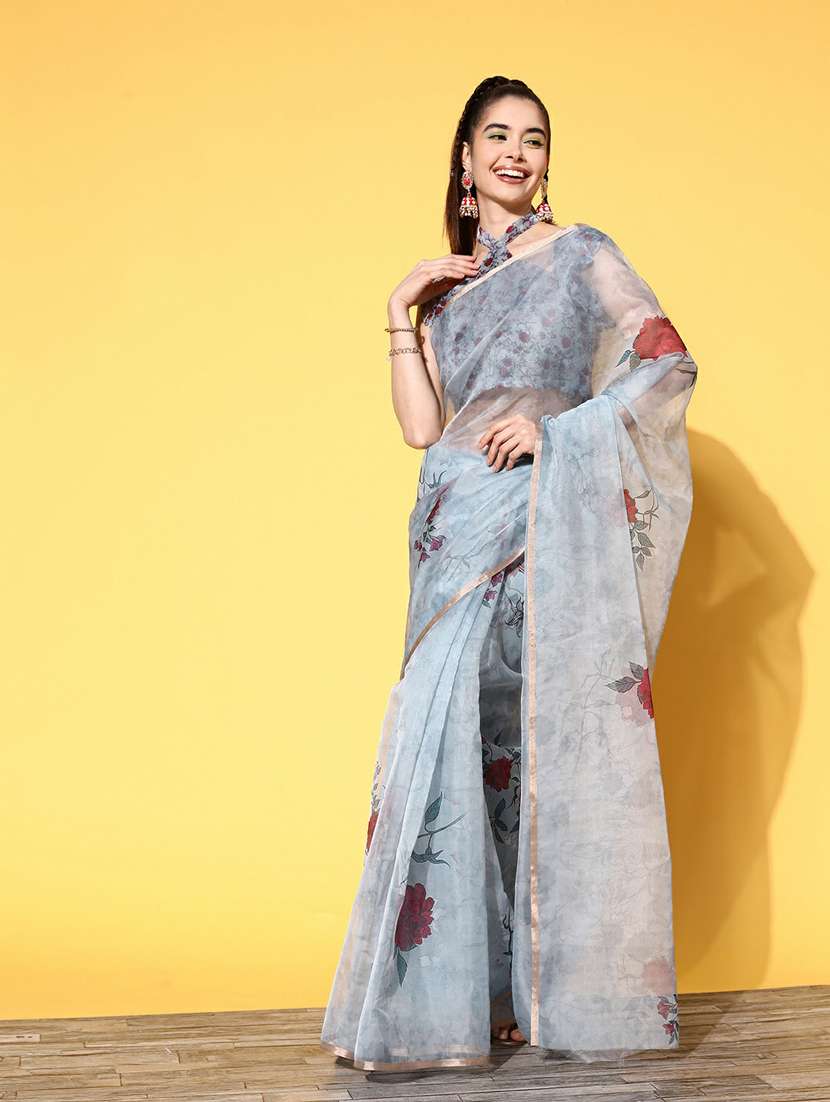 women's floral grey colored saree with blouse - 19473637 -  Standard Image - 1