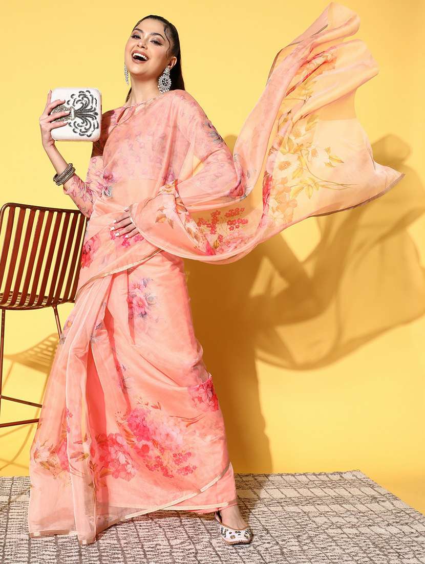 women's floral nude colored saree with blouse - 19473641 -  Standard Image - 1