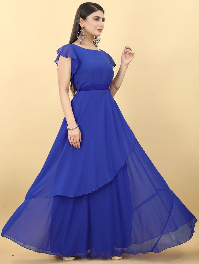 round neck solid gown dress - 19473787 - Standard Image - 1