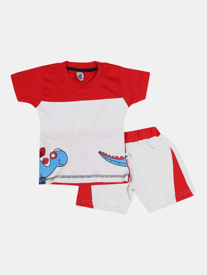 kids red colourblocked detailed t-shirt & shorts set