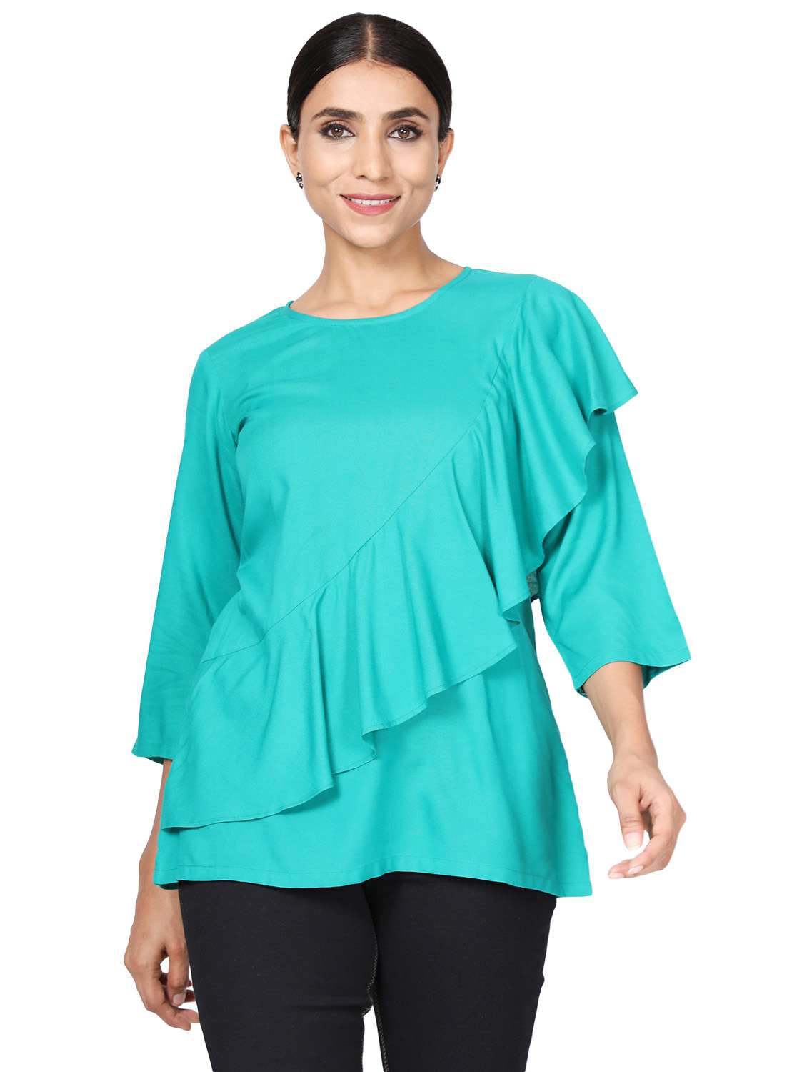 women's ruffle round neck top