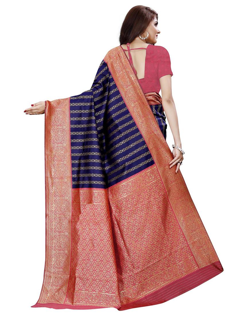navy blue contrast bordered banarasi saree with blouse - 19475443 - Standard Image - 1