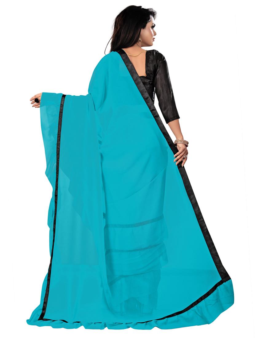 blue solid ruffled saree with blouse - 19475560 - Standard Image - 1