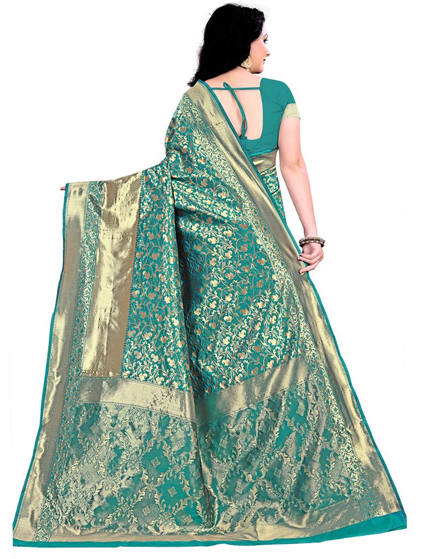 teal gold border banarasi saree with blouse - 19475742 -  Standard Image - 1