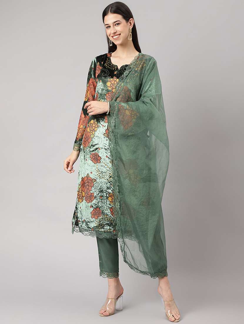 women green long sleeve kurta pant with dupatta set