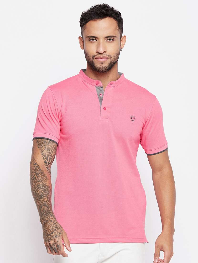 men pink solid mandarin neck t-shirt