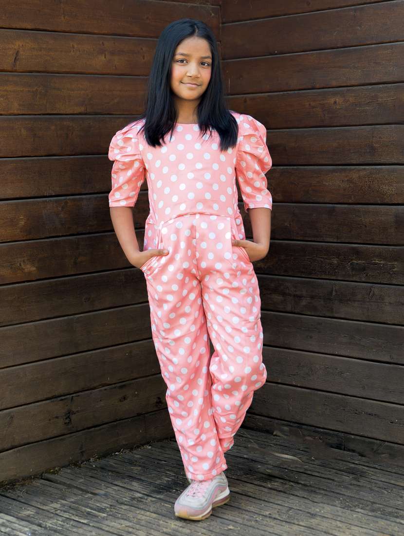 pink rayon polka dot full length jumpsuit 
